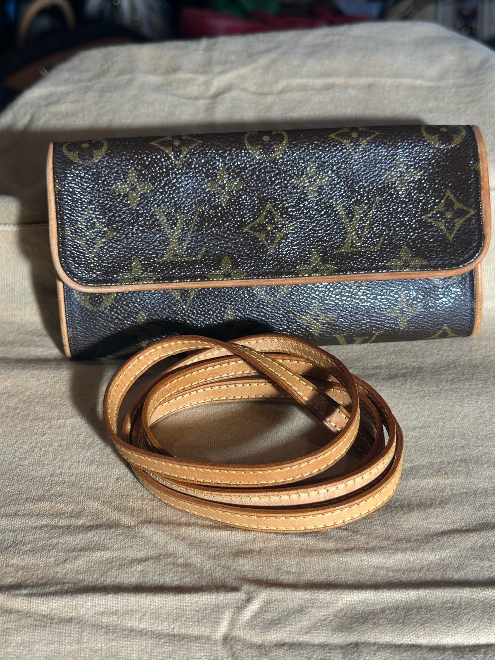 Louis Vuitton Monogram Pochette GM with Tan Leather Trim and Strap